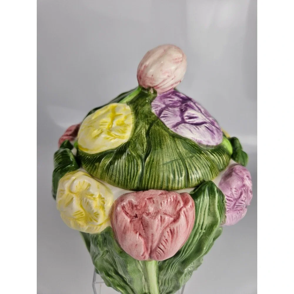 Vintage 1995 Tulip Cookie‎ Jar Floral Relief Ceramic Cottage Kitchen